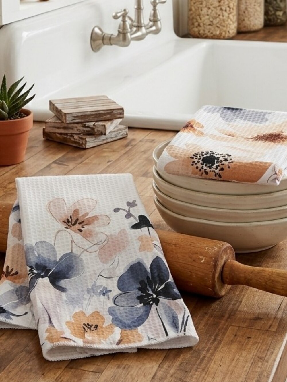 TWO NEW Beautiful Watercolor Floral Kitchen Towels, Rustic Boho
